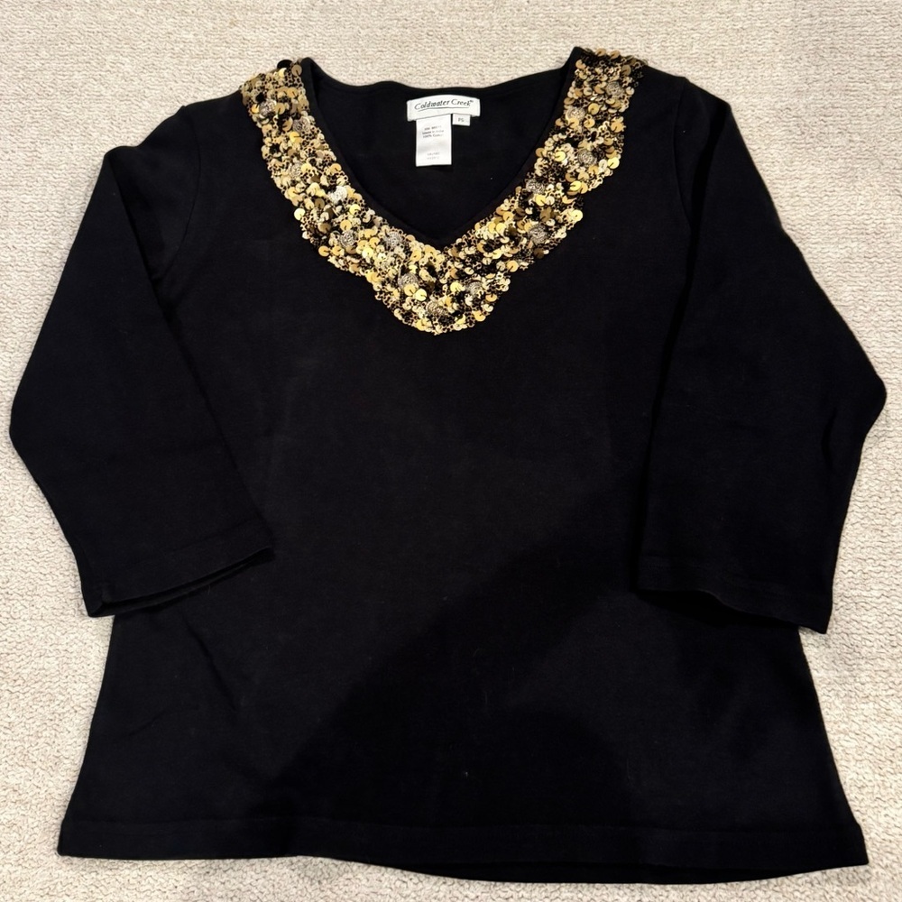 Coldwater Creek Black 100% Cotton Sequin Neckline Top 3/4 Sleeve Petite